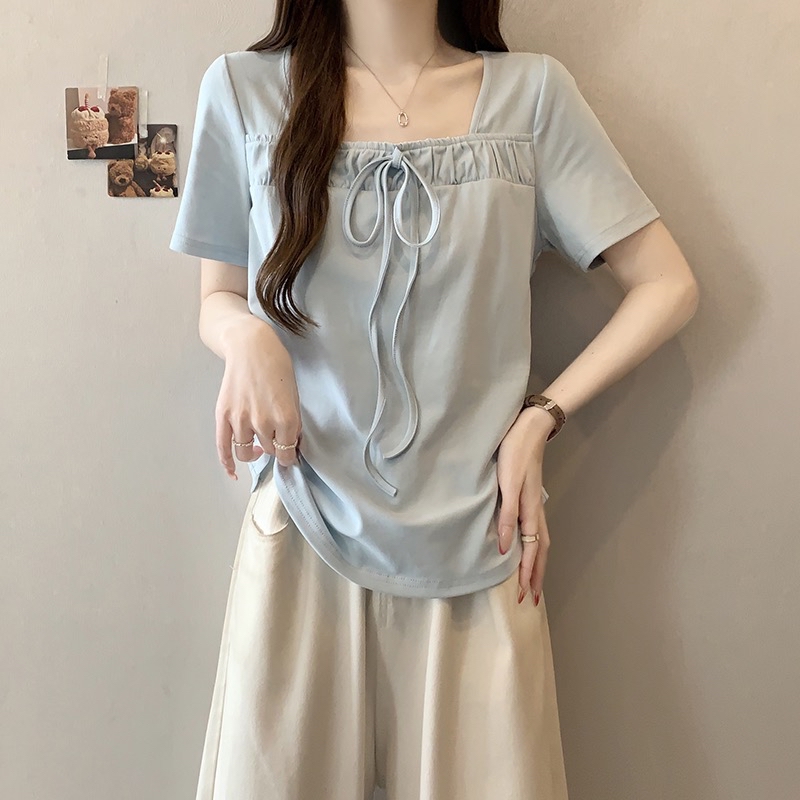 B227(24308) 韩系甜美风方领边褶皱蝴蝶结系带5色上衣