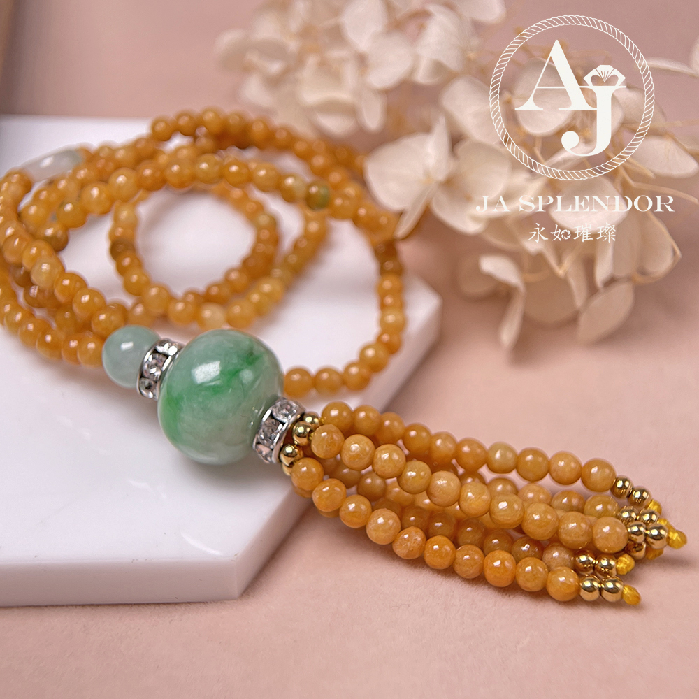 JN-H40-261 天然翡翠A玉 華麗黃翡配綠珠串串金項鏈