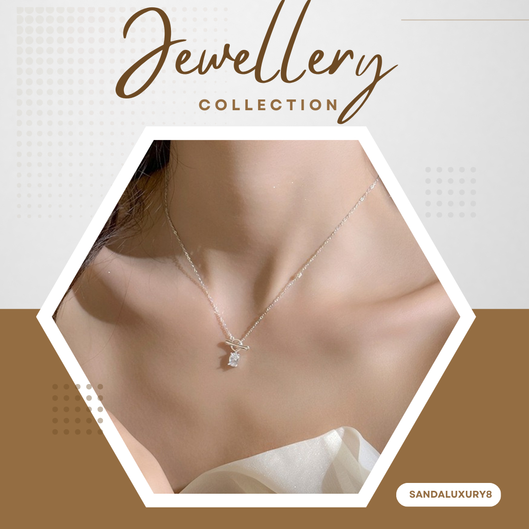 Simple Silver T Bar  Necklace with Diamond Pendant 