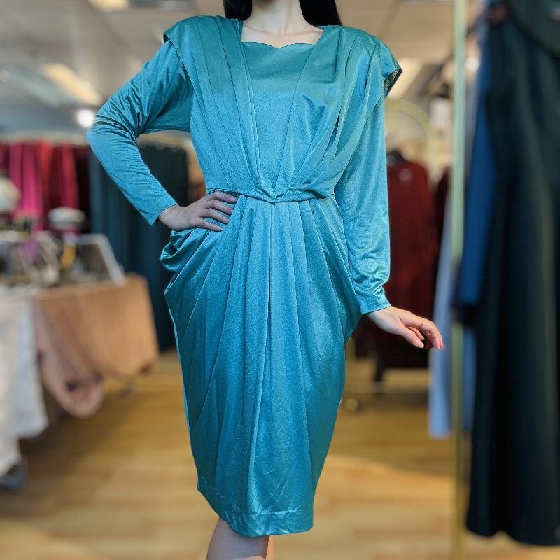 Vintage Japanese 1980s Turquoise Sash Drape Dress (MT2260-20)