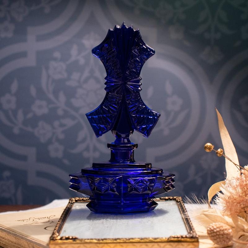 1960s Czechoslovakia Art Deco Inspired-Pattern Pressed Glass Vanity Perfume Bottle - Cobalt Blue(MW013)