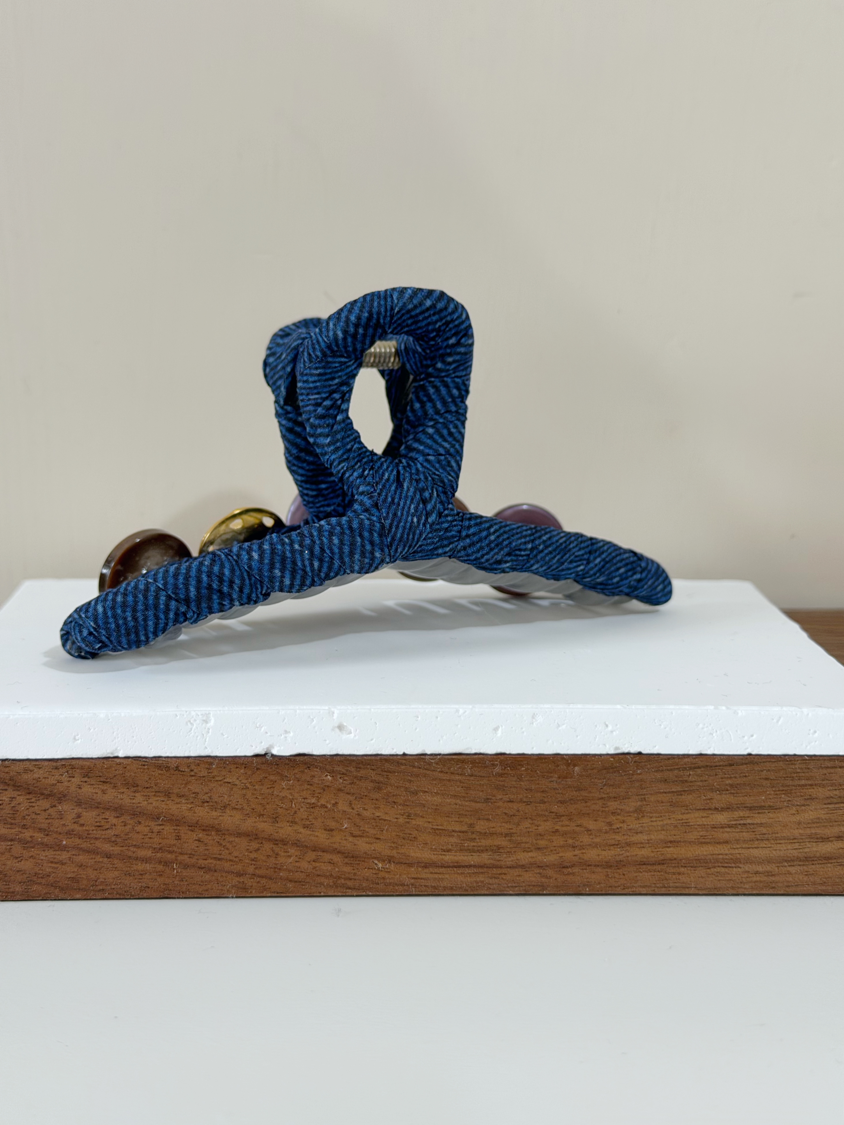 復古鈕扣髮夾/牛仔 11cm長