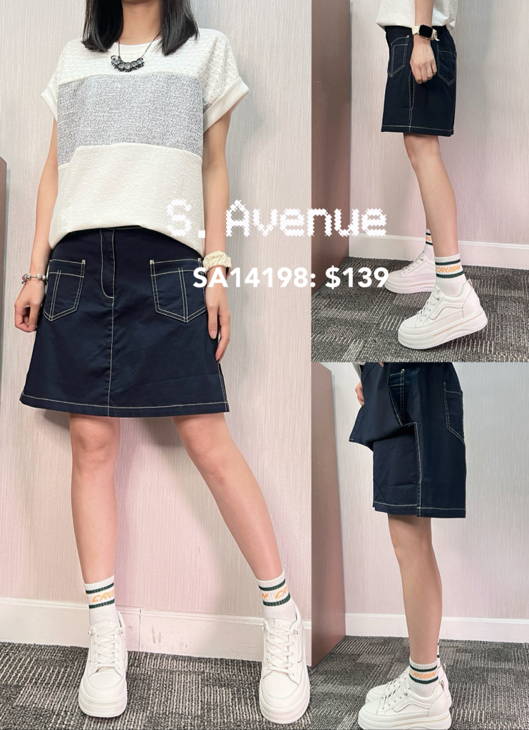 SA14198: 前有鈕後橡根腰前有雙袋側開叉半截裙