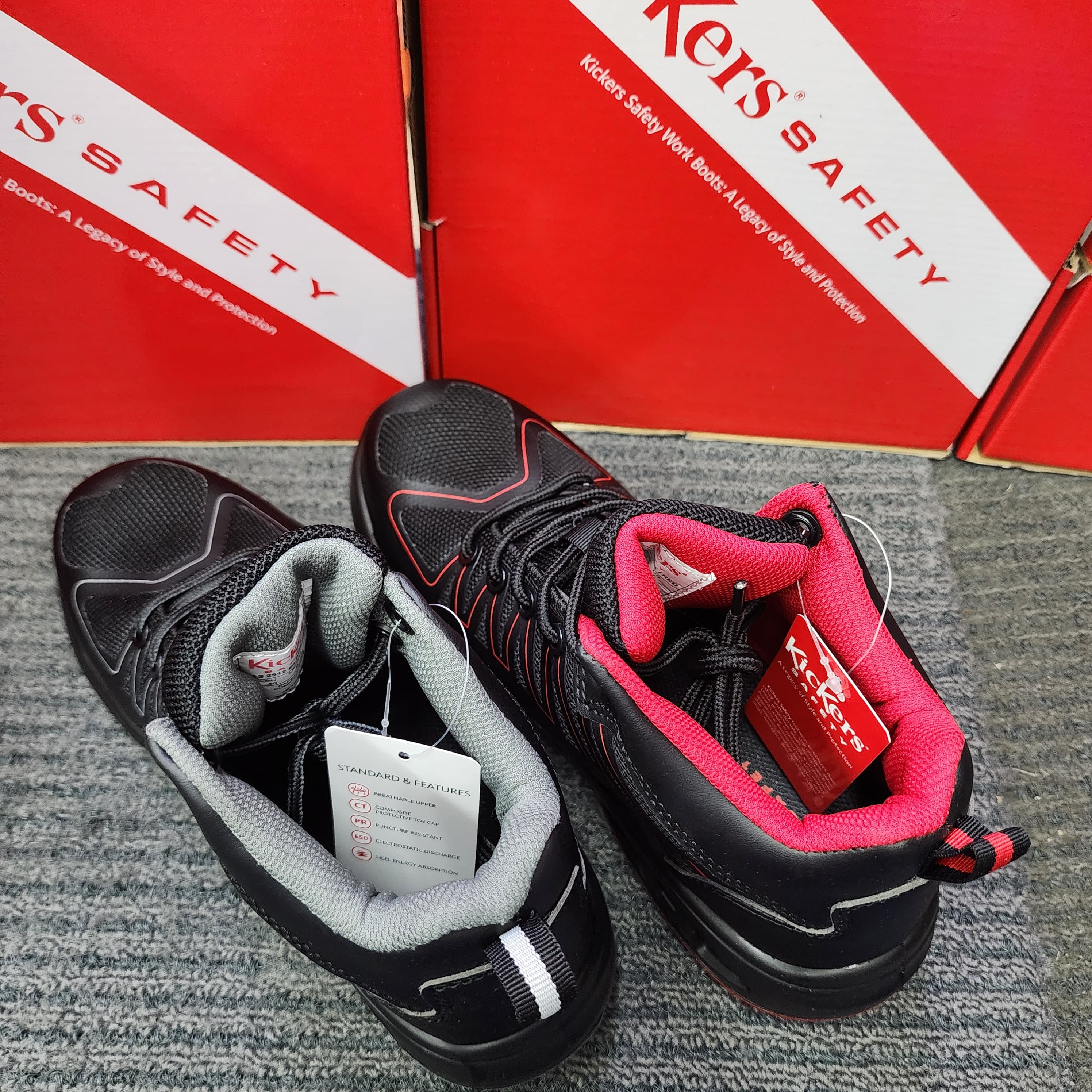 KicKers 2512 Safety Mid Cut Lace ESD Black Red Grey Safety Shoes Kasut Keselamatan