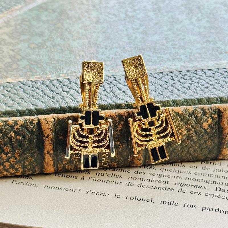 C.a. 1980s Abstract Motif Black Enamel Dangle Clip Earrings(MT1960-11)