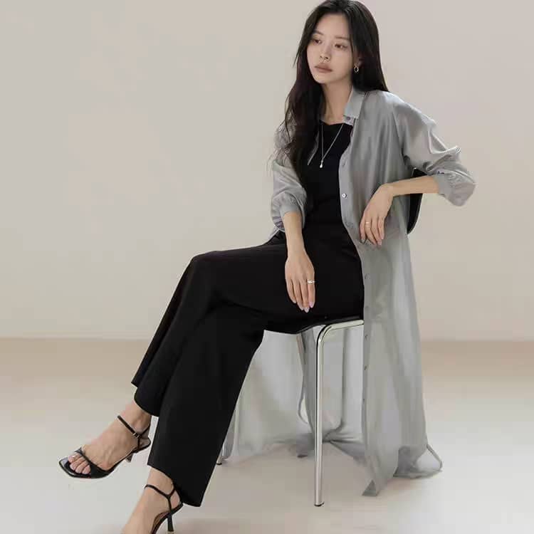 Lightweight Button-Down Long Shirt Jacket with Waist Tie ‖ 轻薄排扣长版衬衫外套附腰带 KR0193301