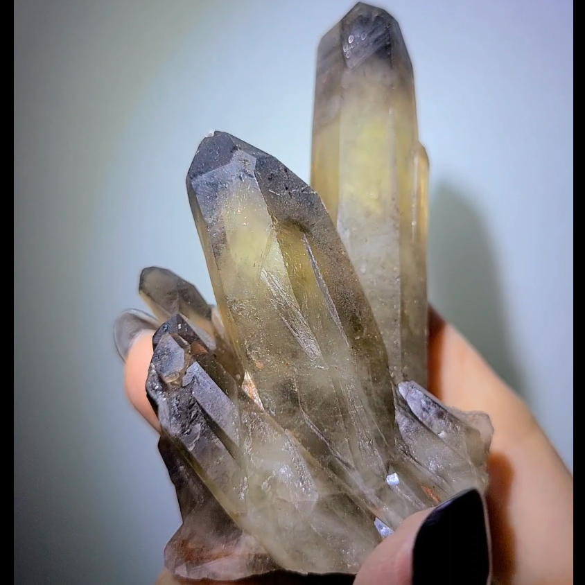 Smoky citrine cluster with phantom smoky pyramids - C96