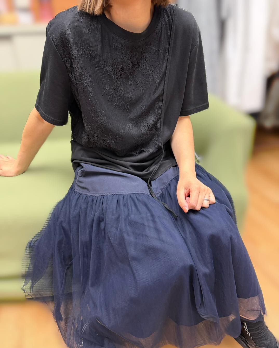 薄紗Lace拼接短袖tee