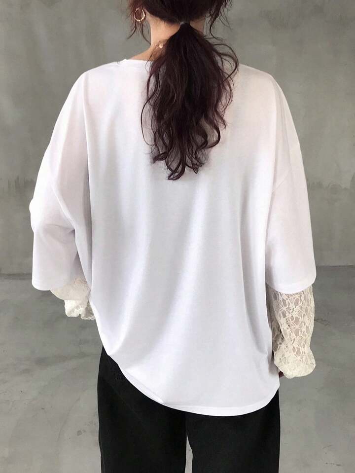 蕾絲拼接印花寬鬆T恤