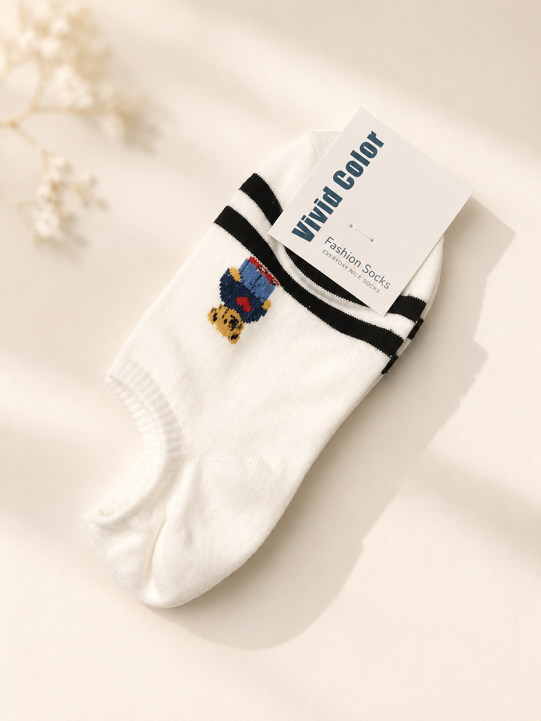 Korean Bear & Stripe Low Socks