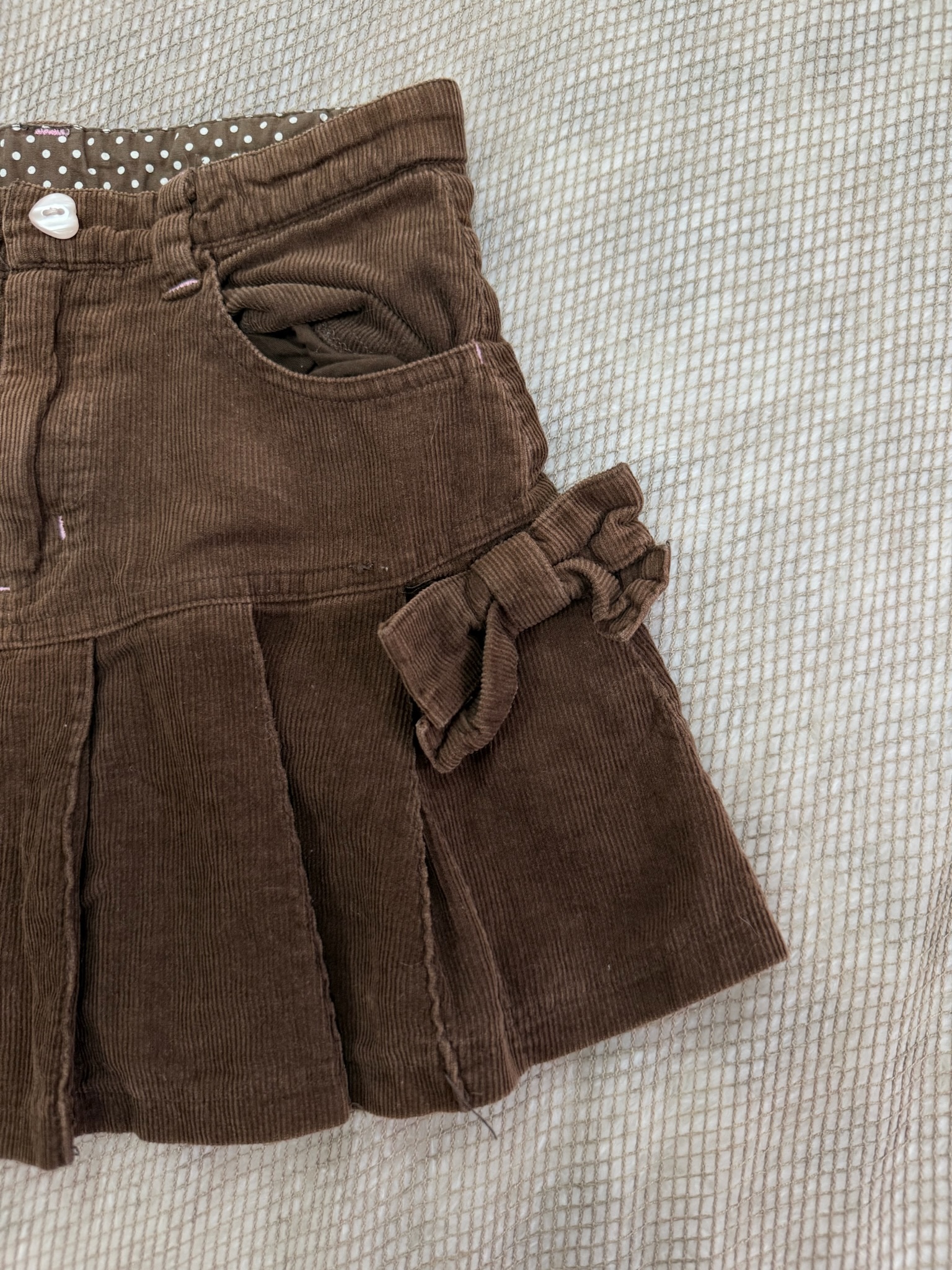 Brown Corduroy Pleated Mini Skirt with Side Bows and Polka Dot Lining