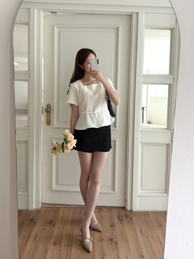 Square Neck Belted Blouse (Ivory)