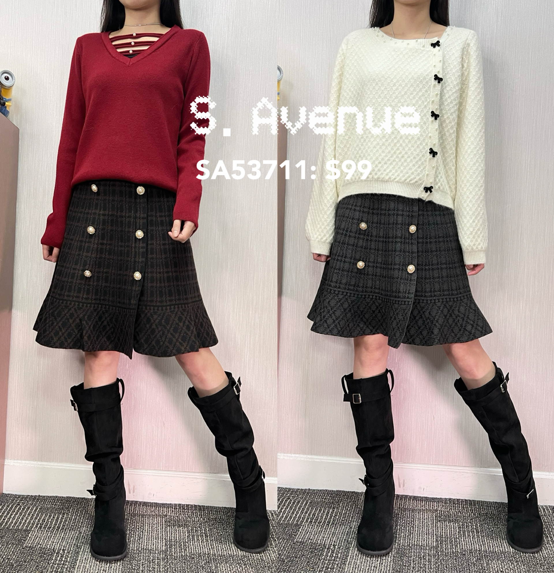 SA53711: 橡筋腰兩排鈕格仔針織魚尾裙