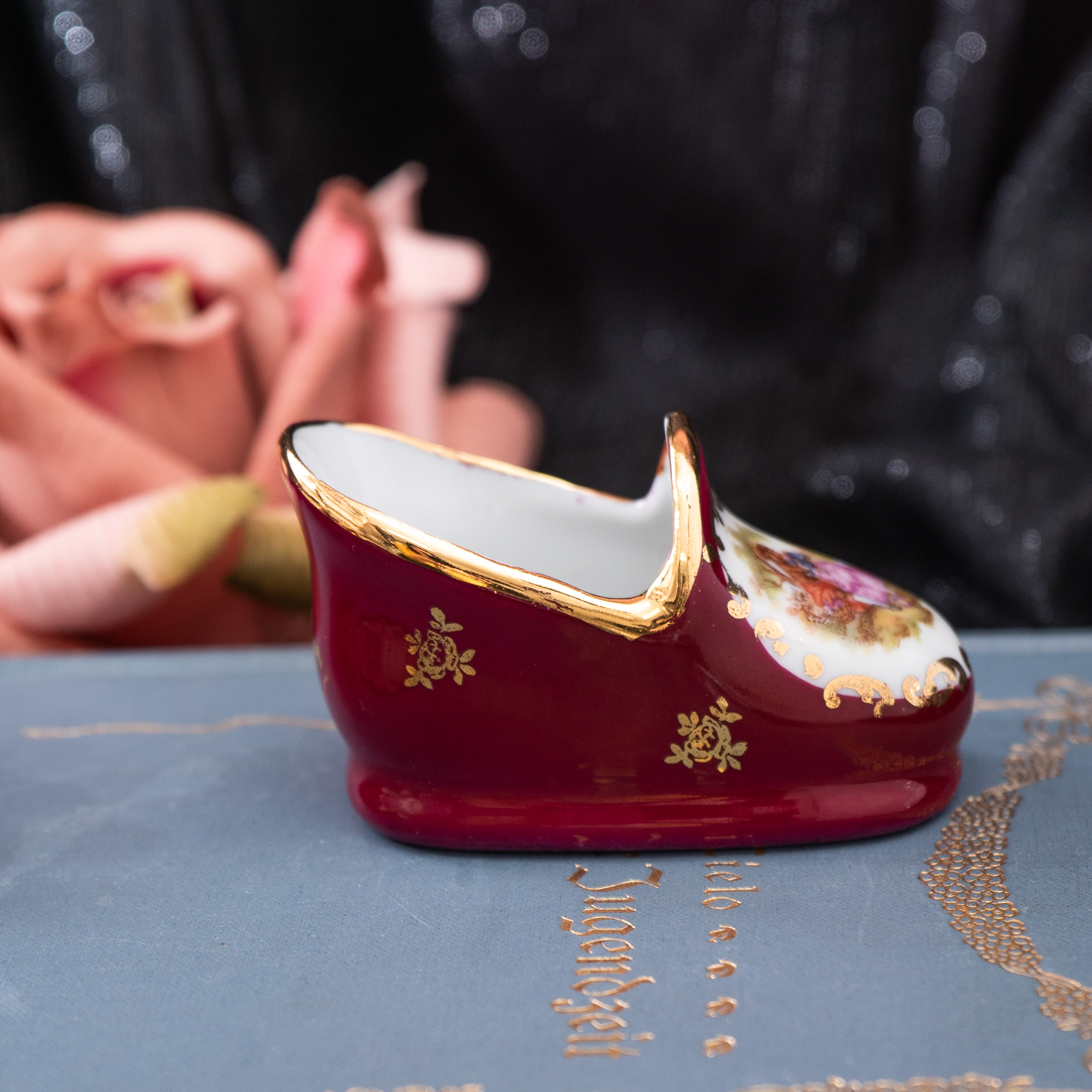 Vintage Mid-Century French Limoges Cranberry Red Porcelain Romantic Courting couple Miniature - Clock/ Cannon/ Shoe (MT1985)