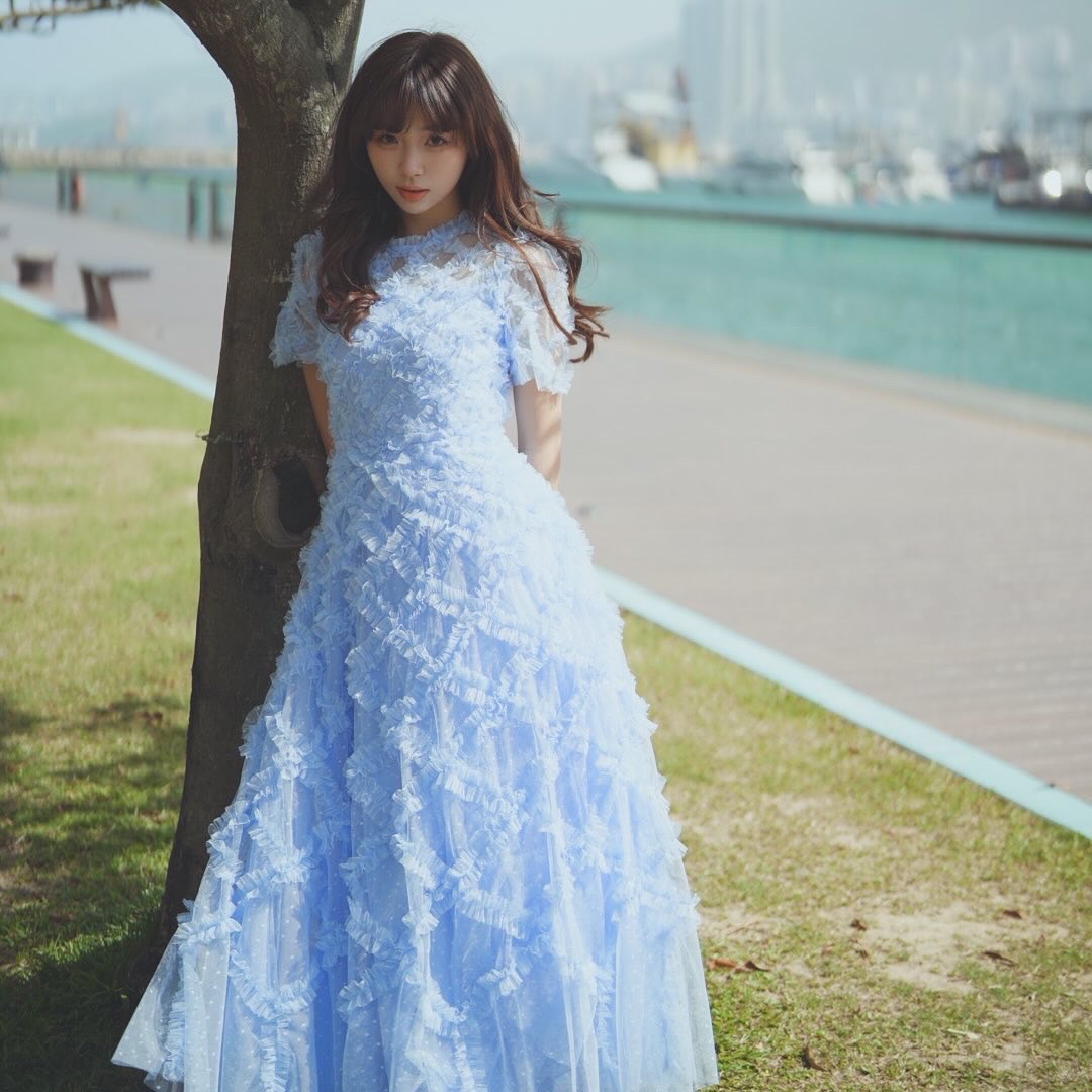 藍色褶邊洋裝長裙