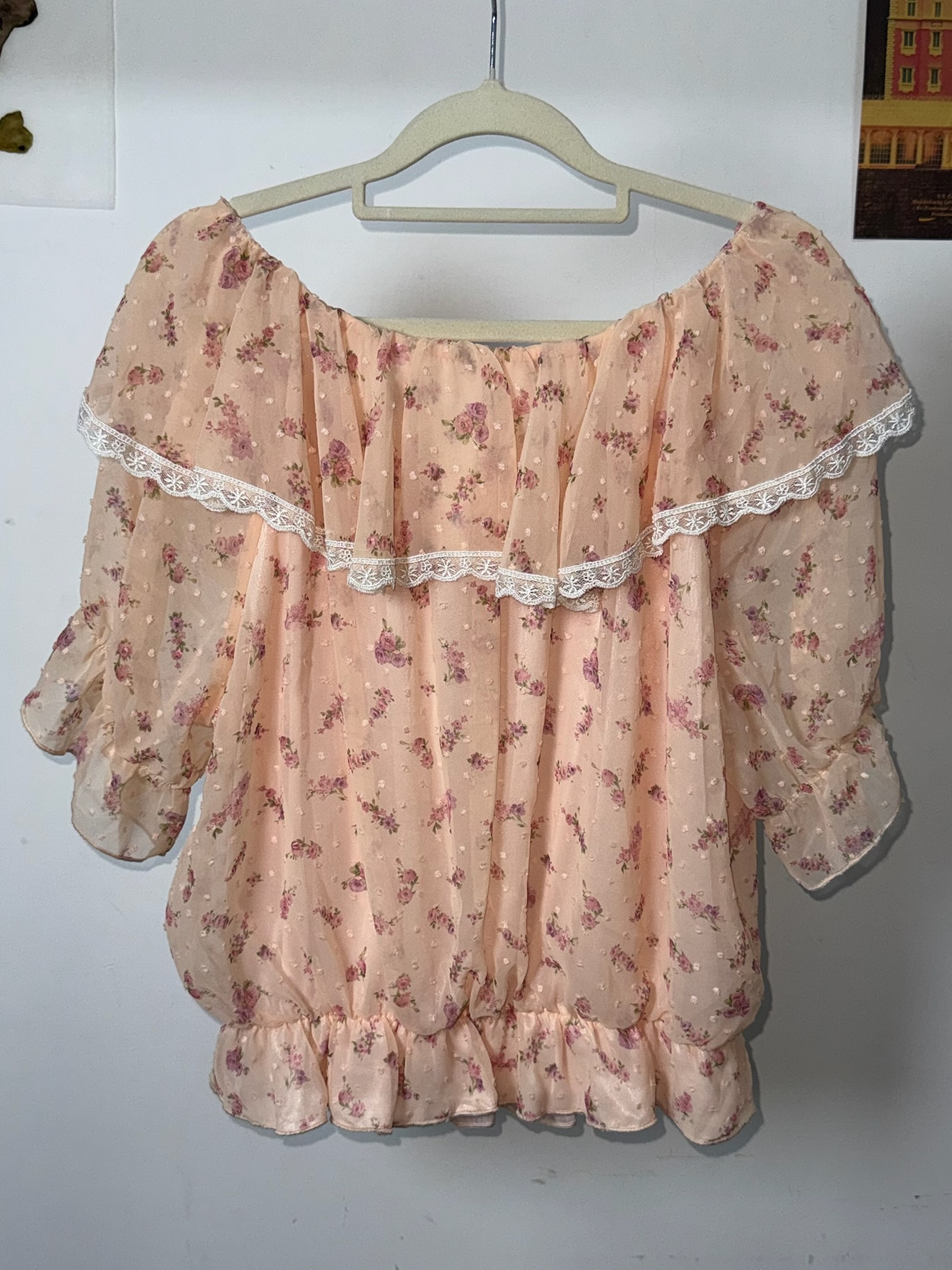 LIiz Lisa Coquette Lace-Trimmed Smocked Floral Blouse