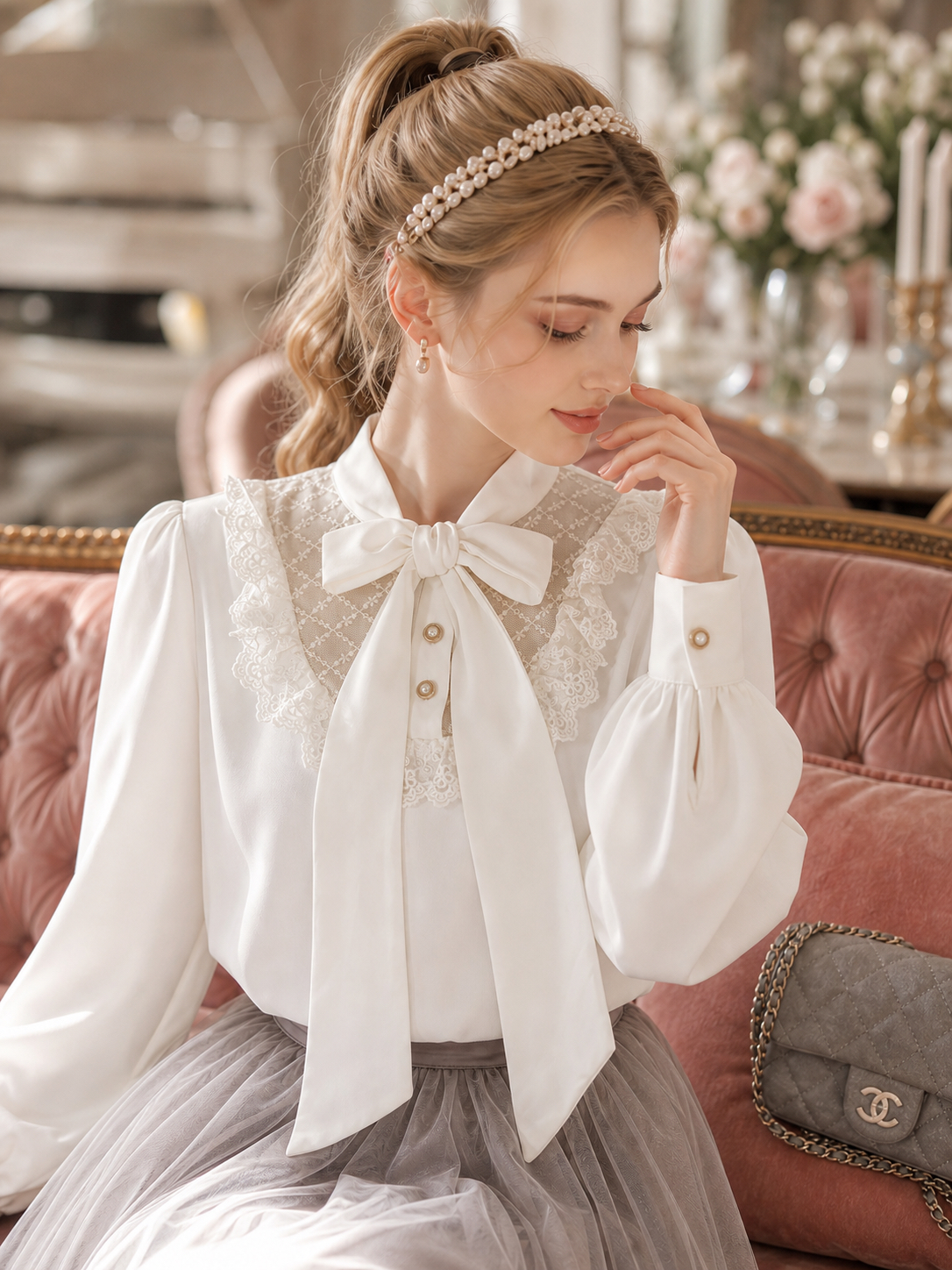 凡爾賽玫瑰的加冕珍珠蕾絲蝴蝶結宮廷襯衫 The Coronation of Versailles Rose: Pearl & Lace Bow Palace Blouse