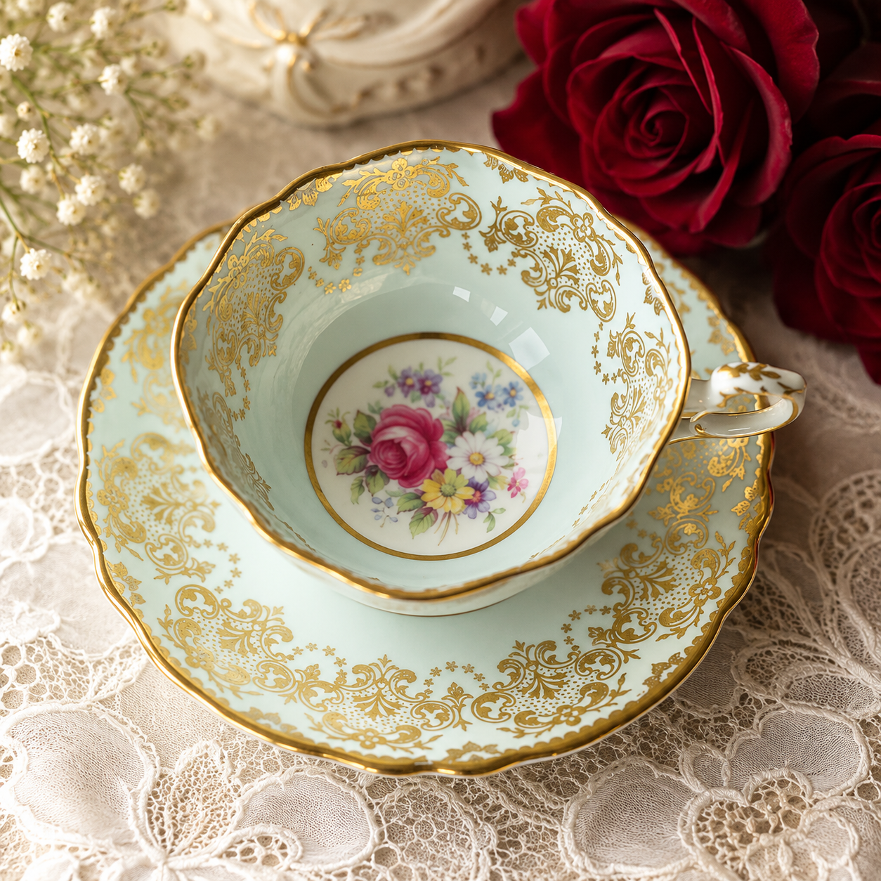 Vintage 1950s Paragon Made in England Bone China Powder Blue Teacup and Saucer Set - Tea Set Duo(MT2134)