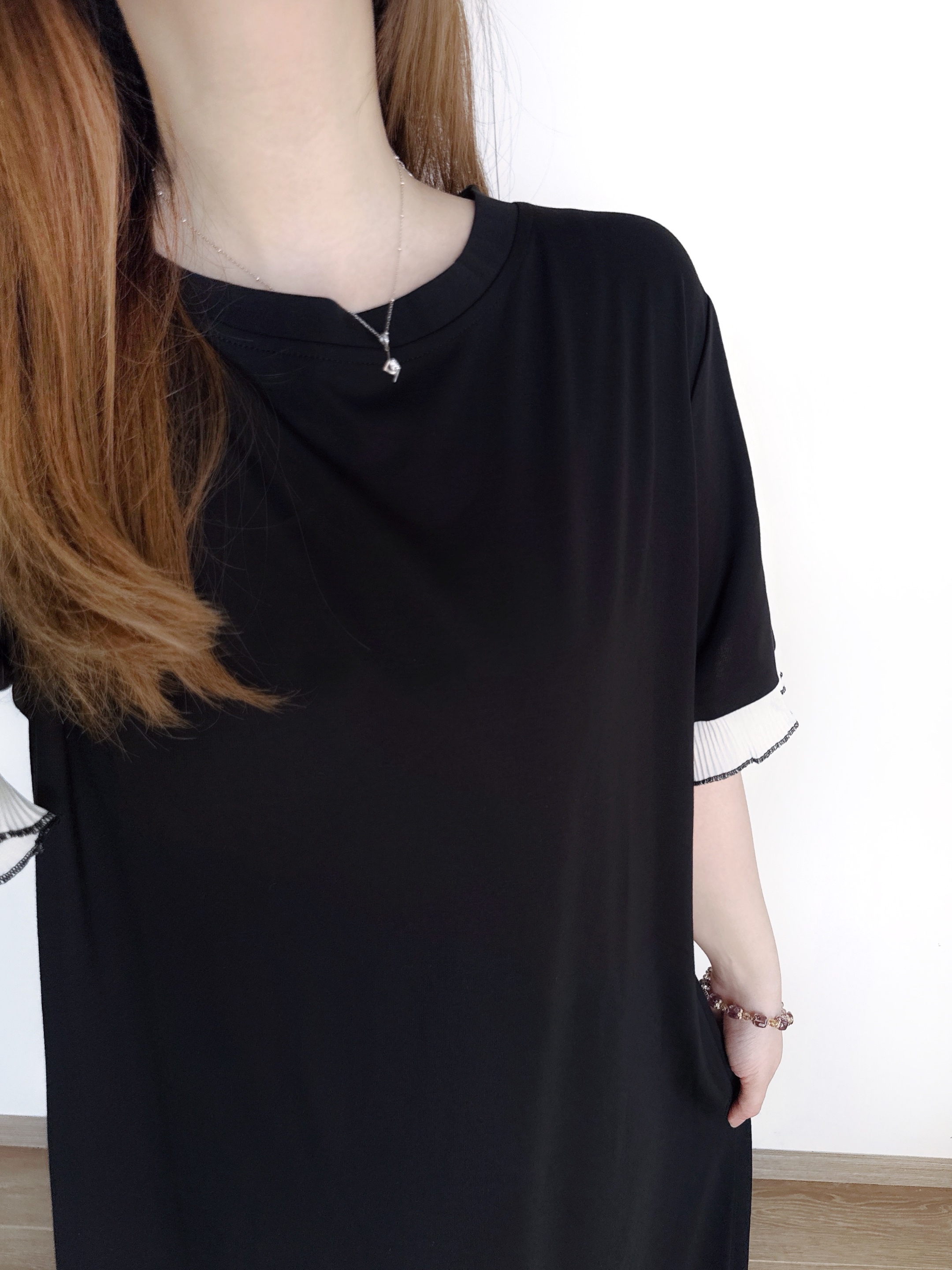 氣質顯瘦純色拼料Ops