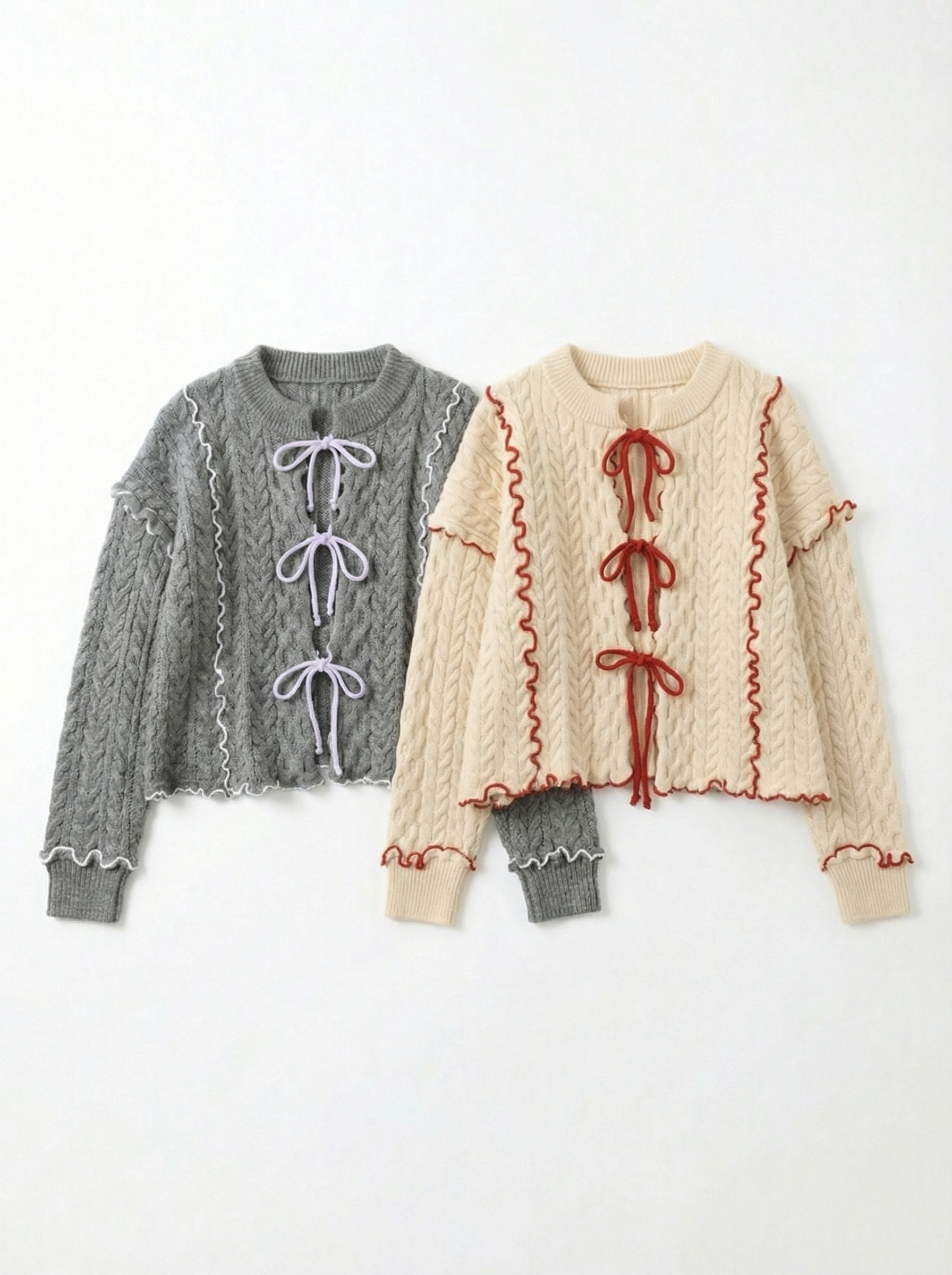 灰色/米白荷葉邊蝴蝶結毛絨針織毛衣