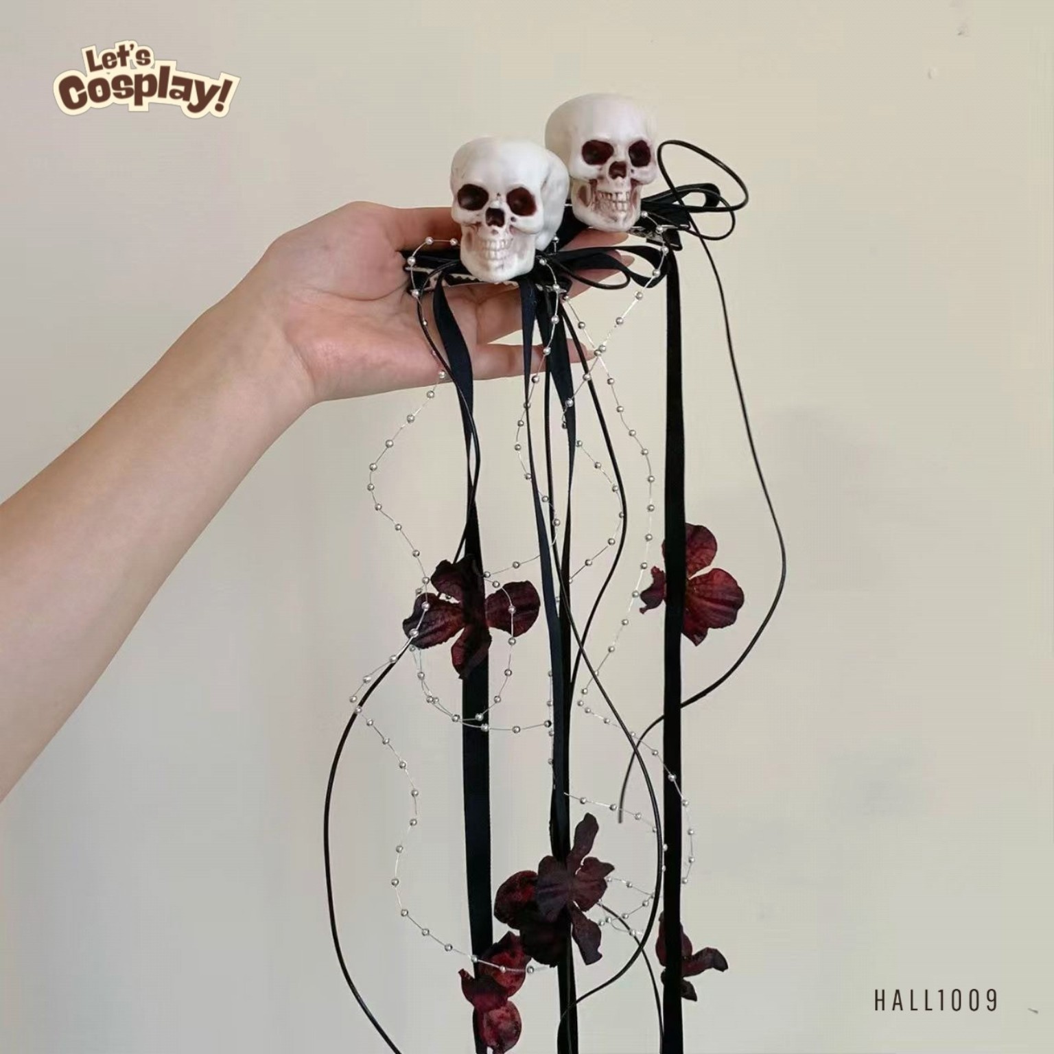 萬聖節骷髏頭骨頭飾｜黑色絲帶珠鏈恐怖造型頭飾 Halloween Hair Accessory HALL1009