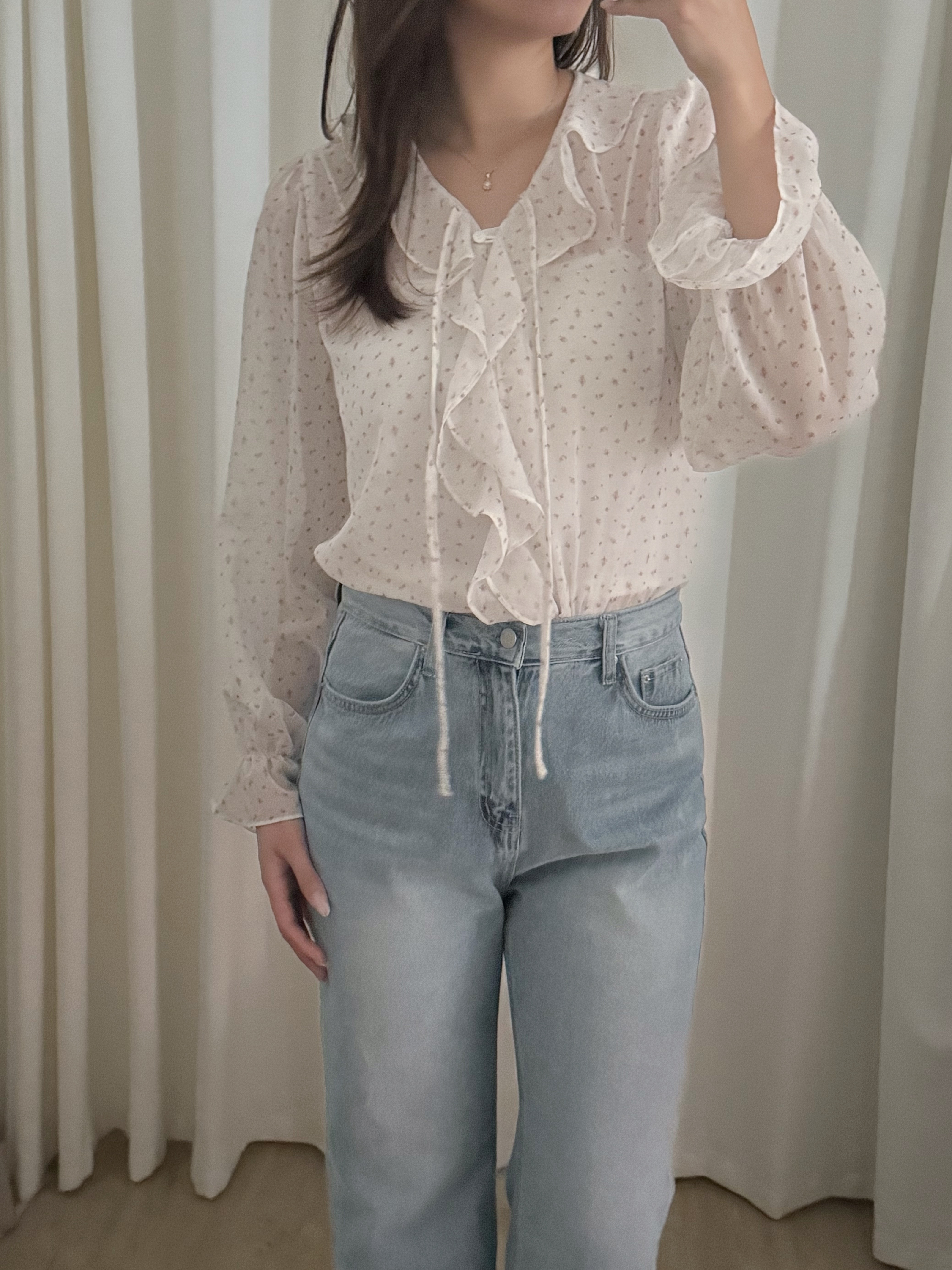 輕透荷葉邊碎花襯衫(兩色入)