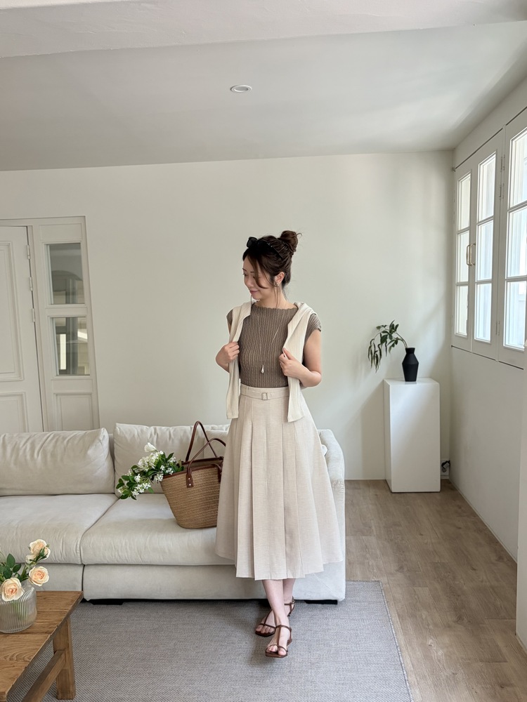 Linen Blend Pleated Skirt (Oat)