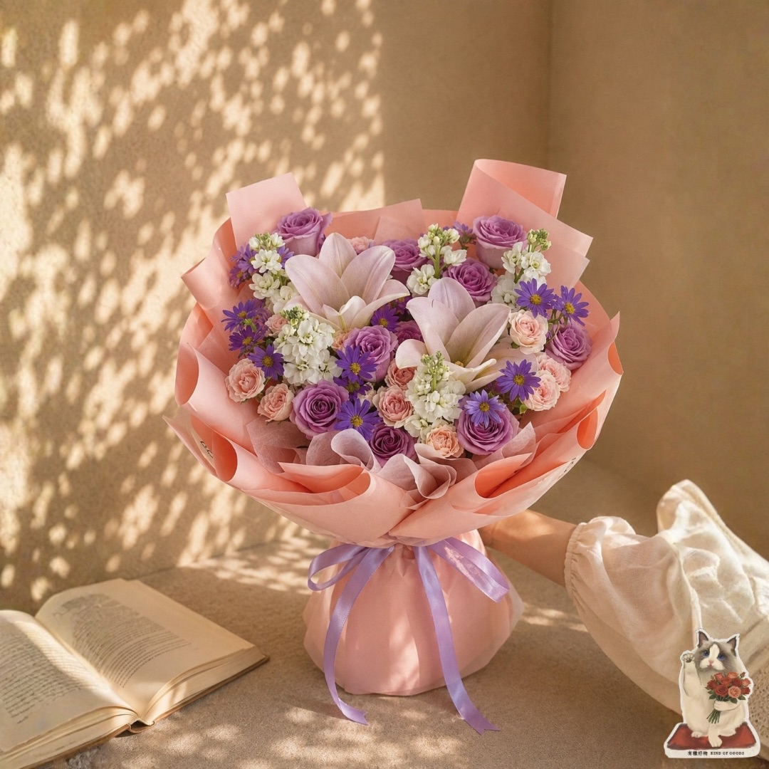 紫粉星光｜粉百合紫玫瑰華麗花束