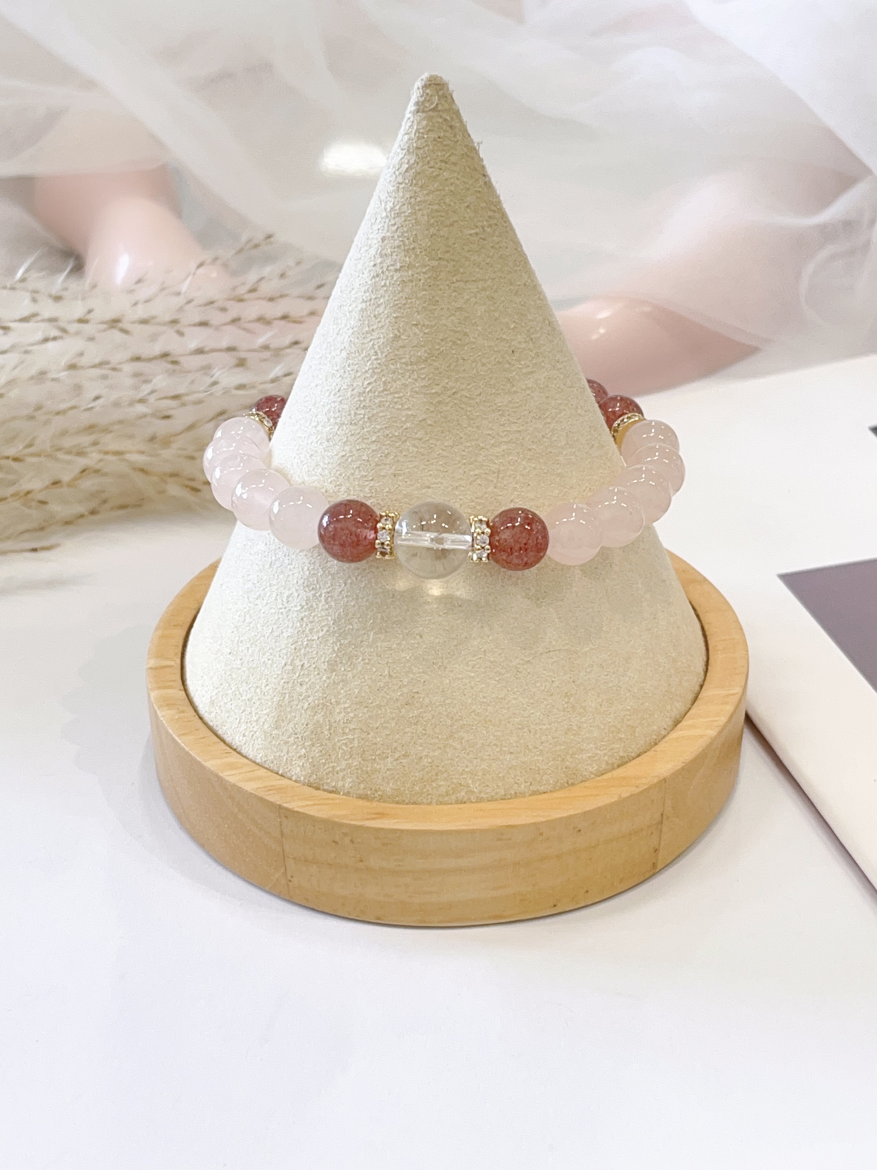 🌸 白水晶 × 粉水晶 × 草莓晶手串 Clear Quartz, Rose Quartz & Strawberry Quartz