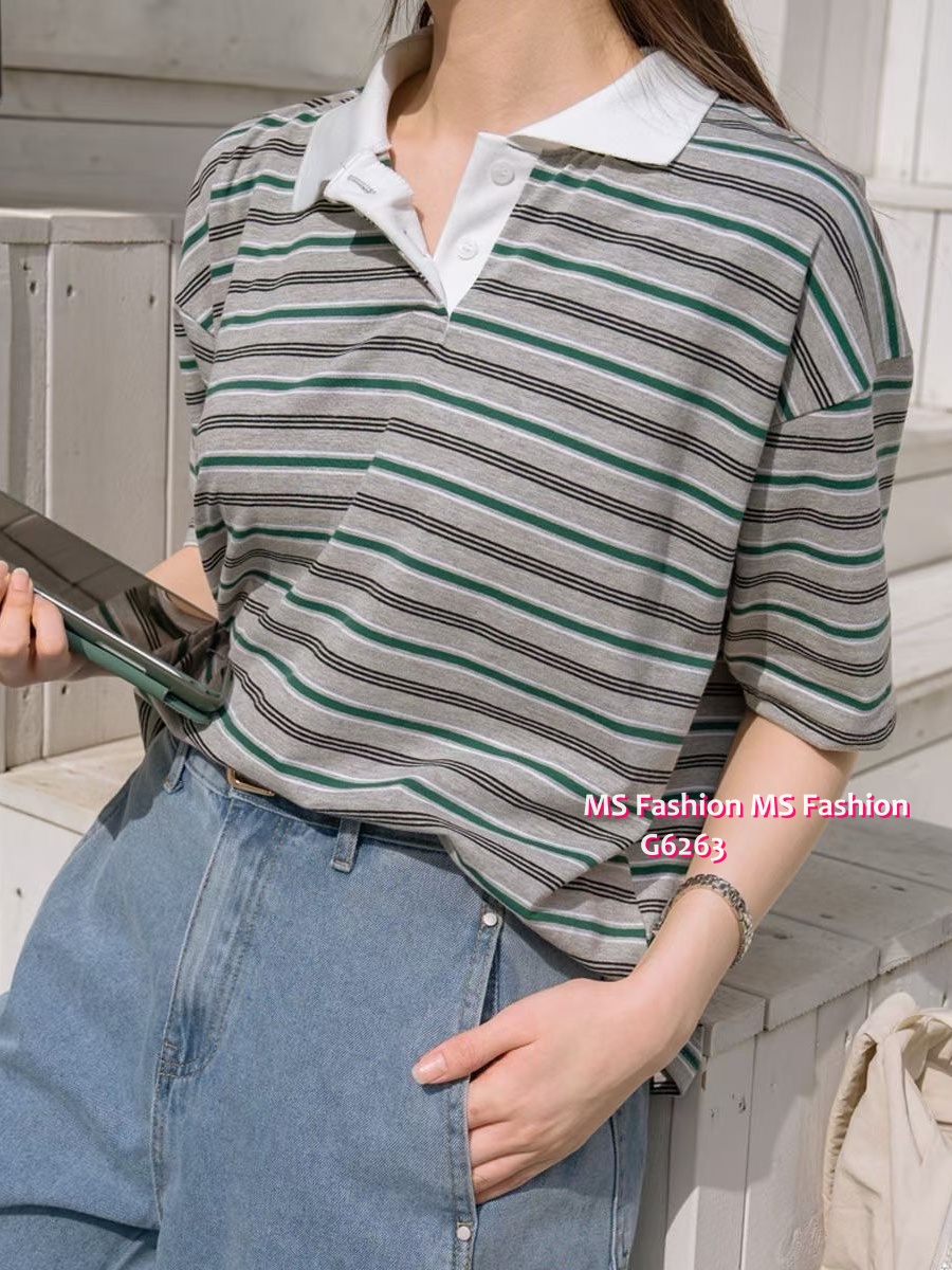 G6283 韓國🇰🇷拼色反領橫間top