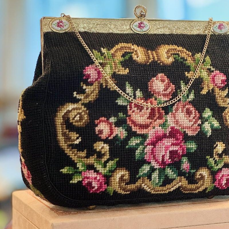 Vintage C.a. 1960s Hand-Stitched Floral Needlepoint Bag with Handpainted Rose Frame (MT2506)