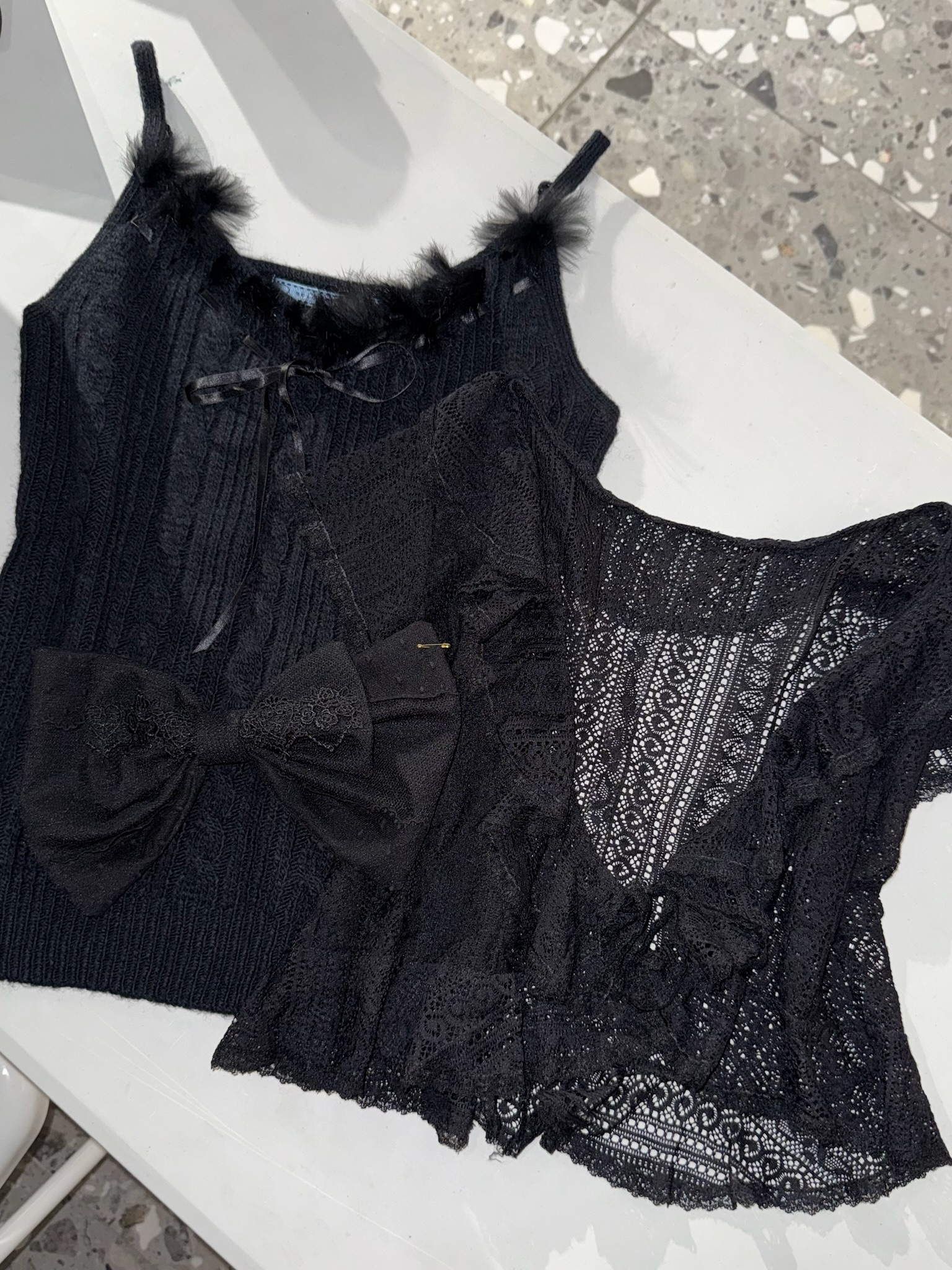 Black Sheer Lace Statement Bow Cable-Knit Set | Free Bow