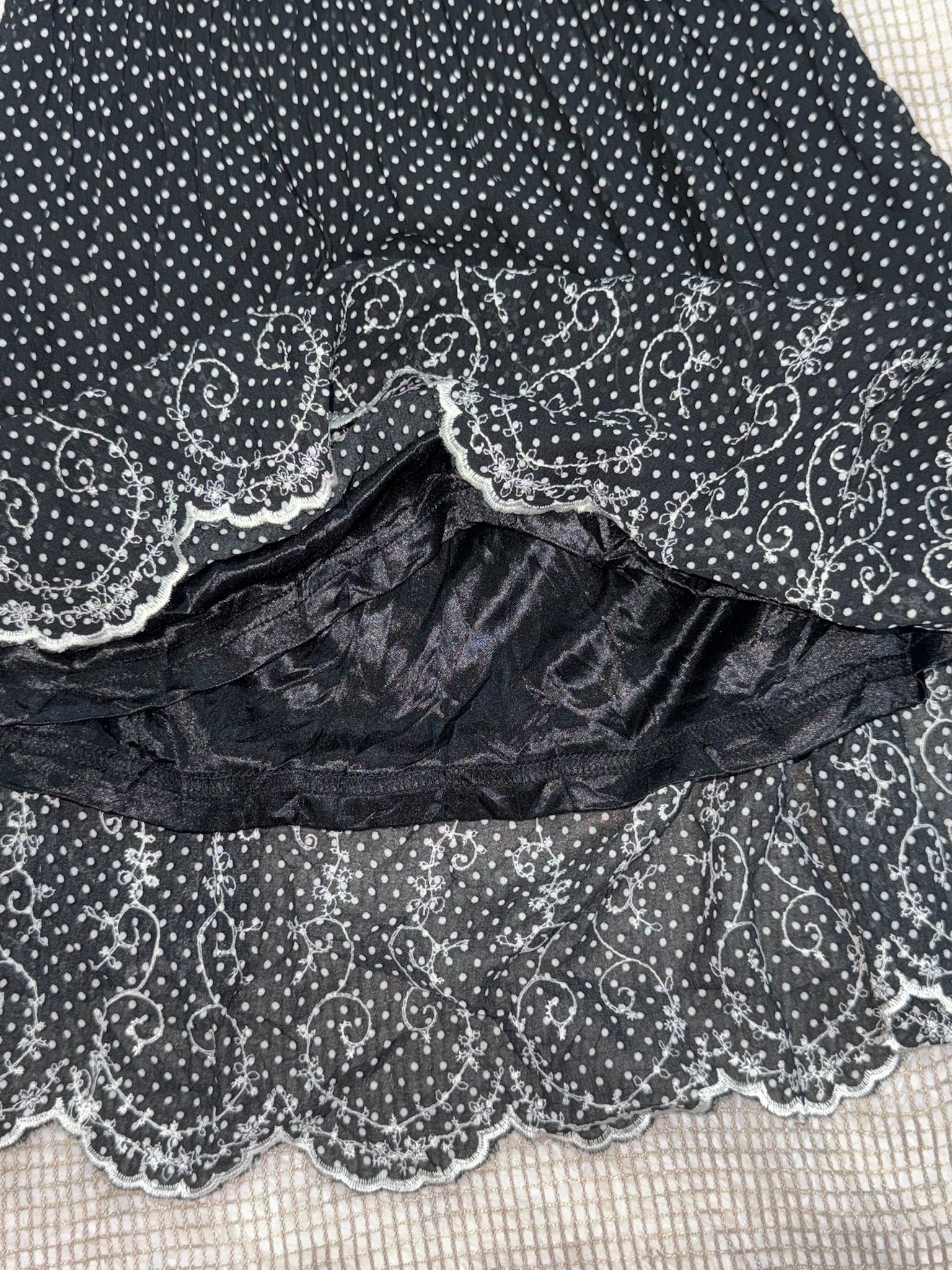 French Girly Ribbon Drawstring Lace Micro Dot Midi Skirt 