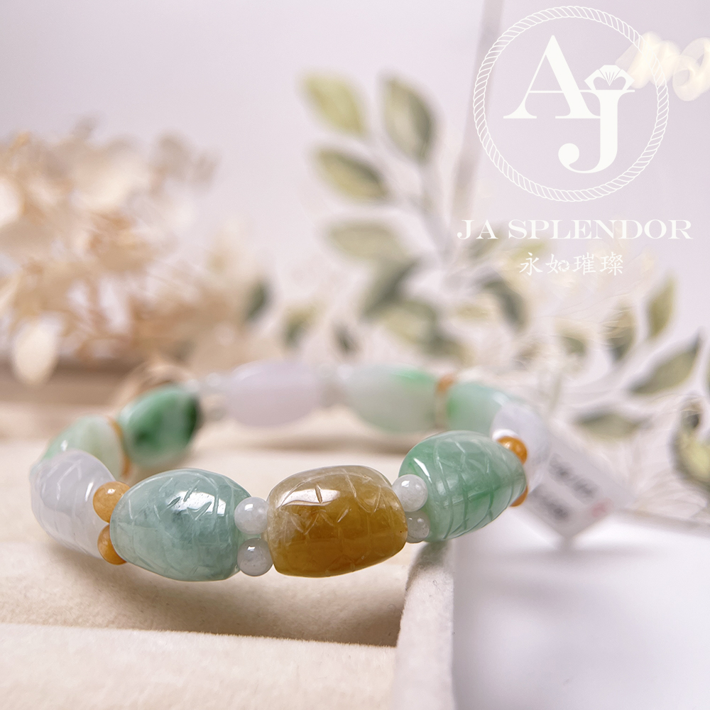 OF-06-B 天然翡翠A玉 - 冰潤三彩長壽吉祥龜貝手串