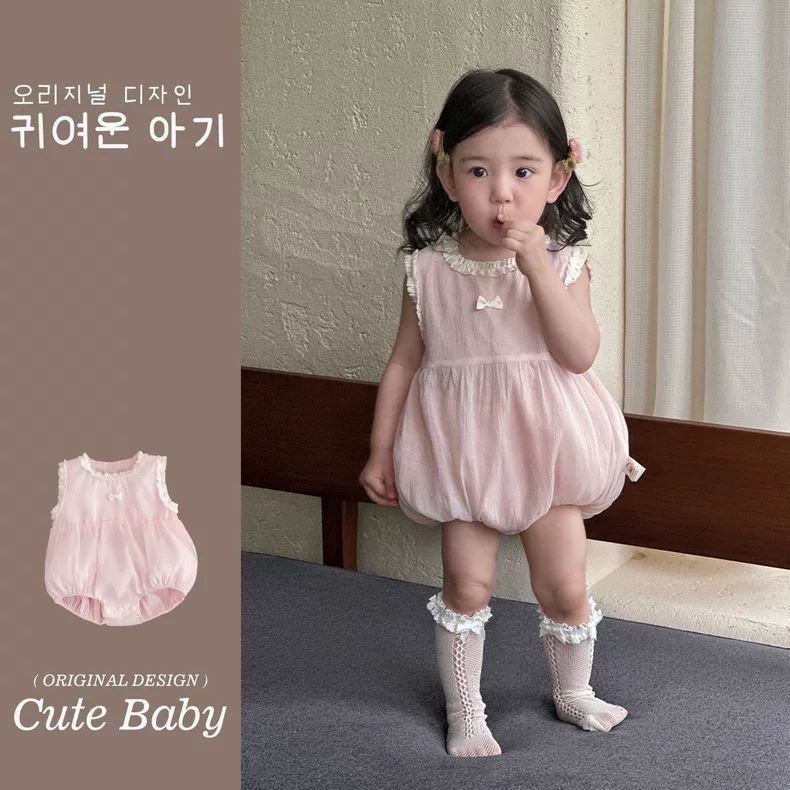 561359P | Vintage-Inspired Baby Girl Bubble Romper with Ruffle Trim