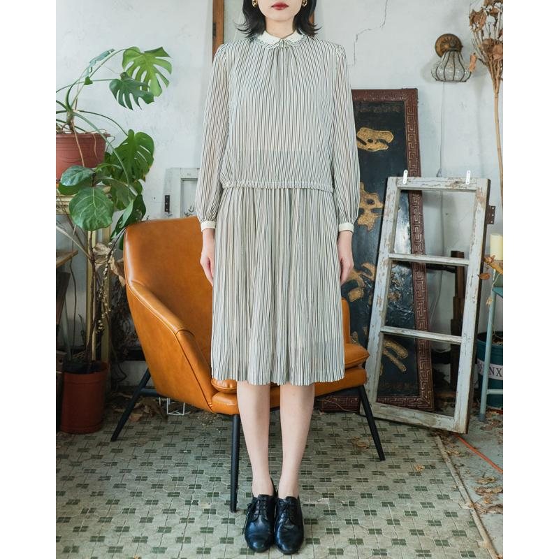 Vintage Japanese Double Collar Striped Pattern Faux Twin Set Day Dress (MT1608-154)