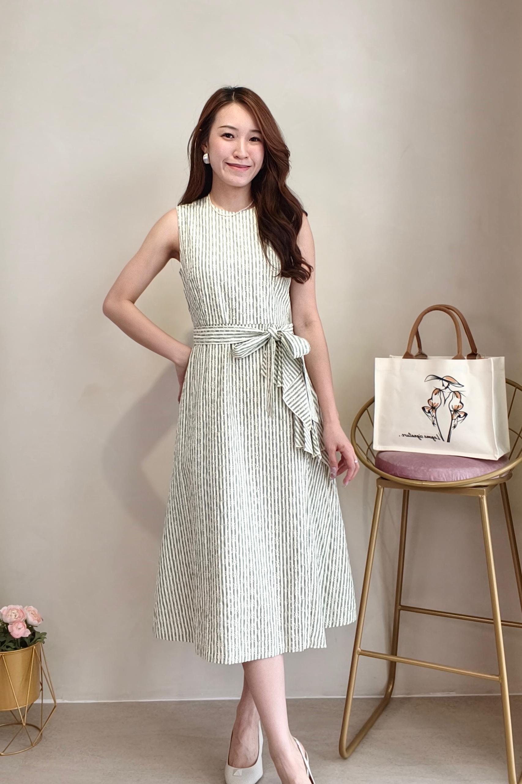 934916 Soft Stripe Ribbon Waist Midi Dress