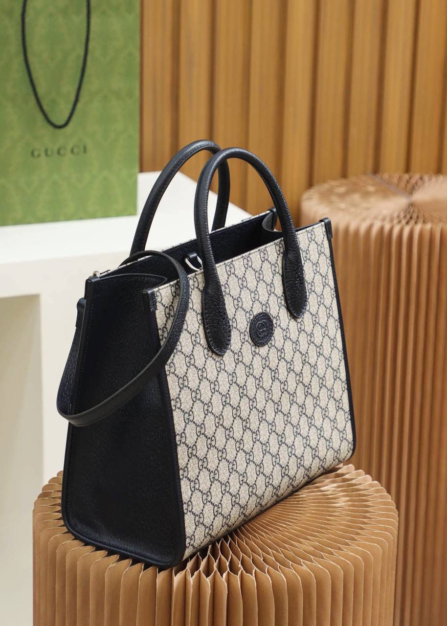 Gucci Signature Print Tote Bag with Leather Trim
