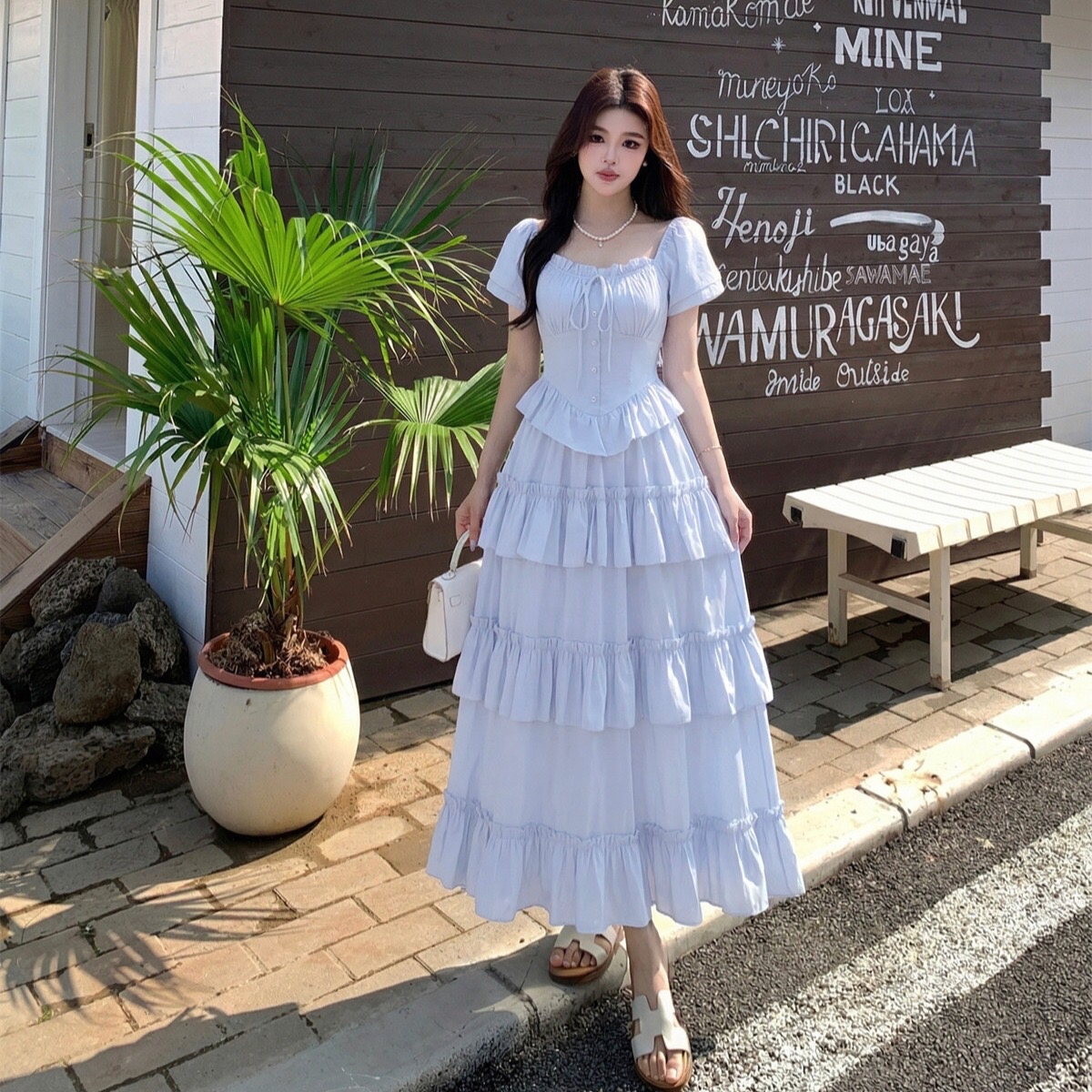 B189(8665) 法式蝴蝶结系带领边显瘦腰荷叶拼下摆层层蛋糕荷叶蓝连身裙 