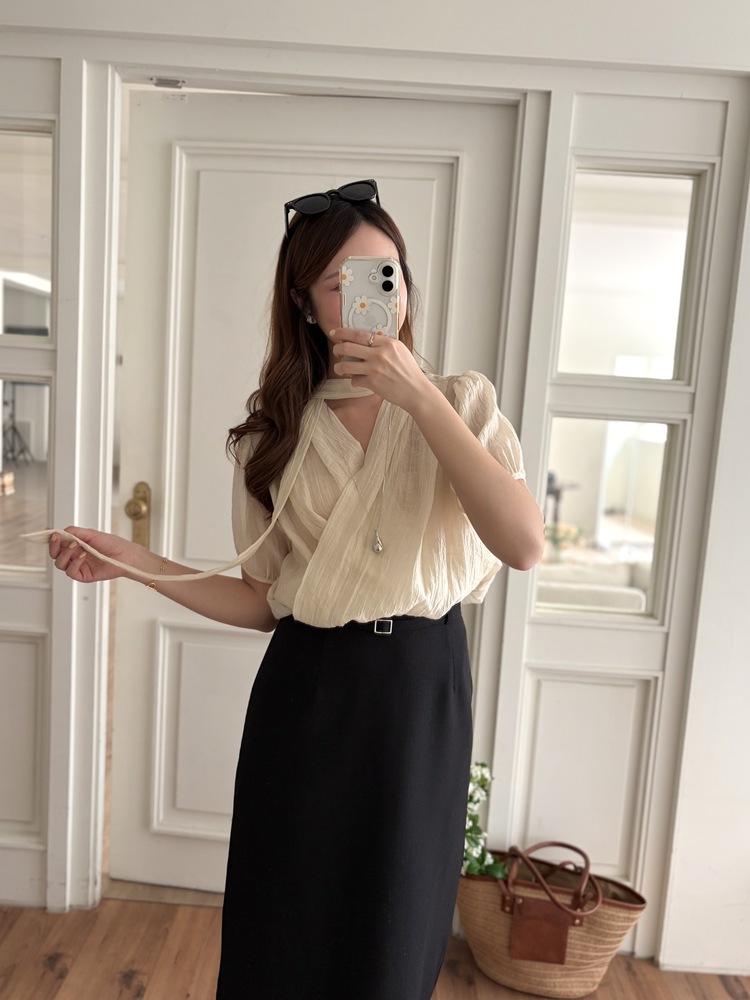 Louise Wrap Blouse with Tie (Cream)