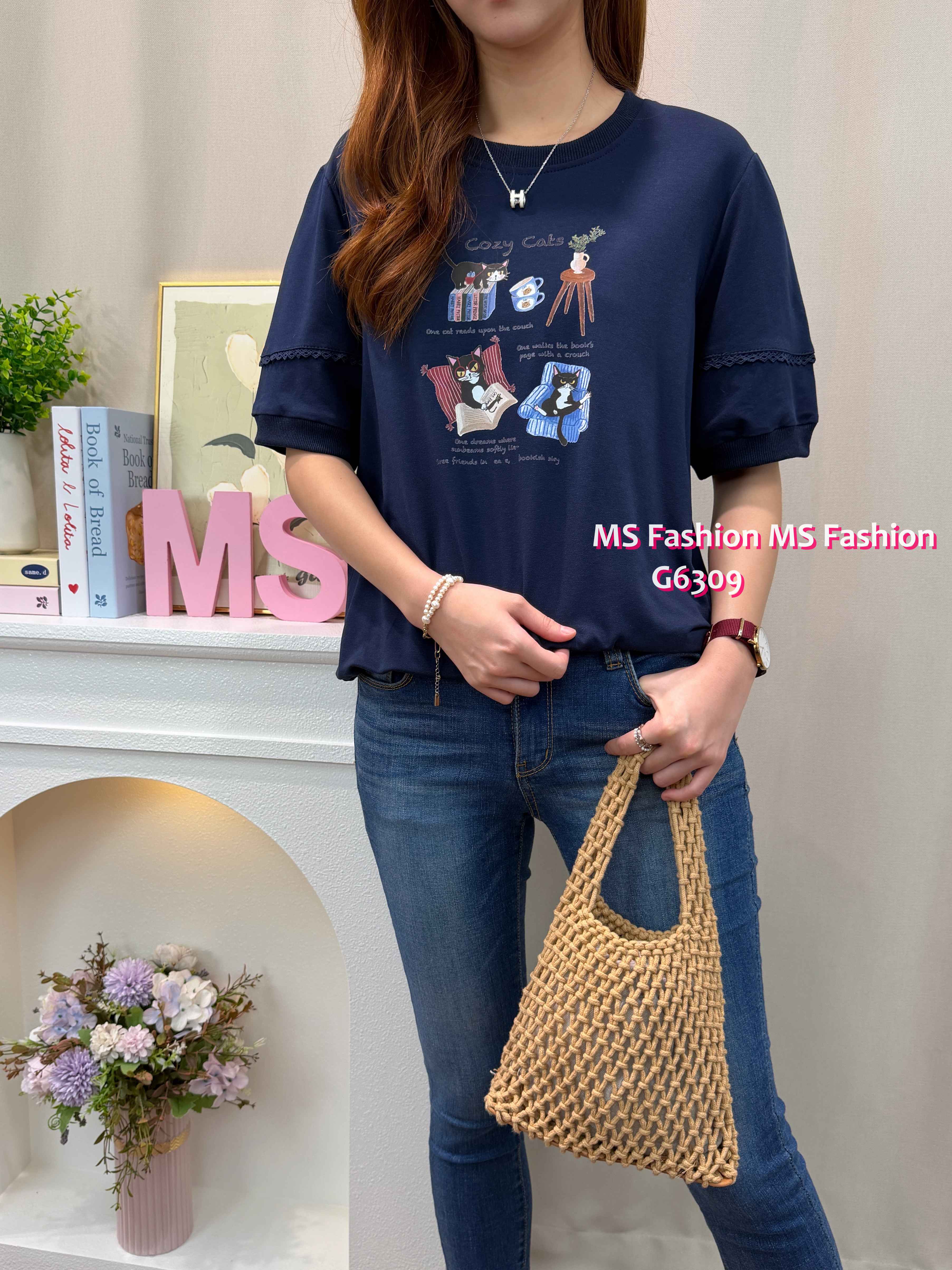 G6309 可愛黑貓花邊袖top