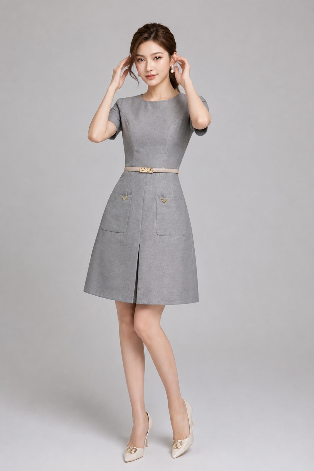 52175 Belted Pocket A-Line Midi Dress
