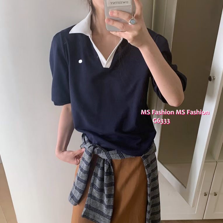 G6333 反領V領拼色top