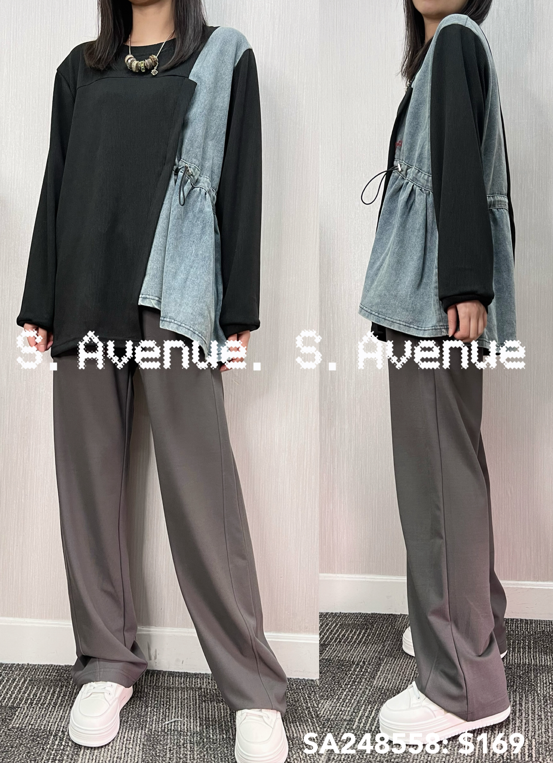 SA248558: 長袖暗紋料側拼牛仔束腰top