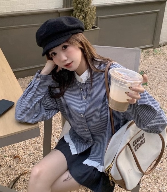 撞色气质韩系条纹衬衫