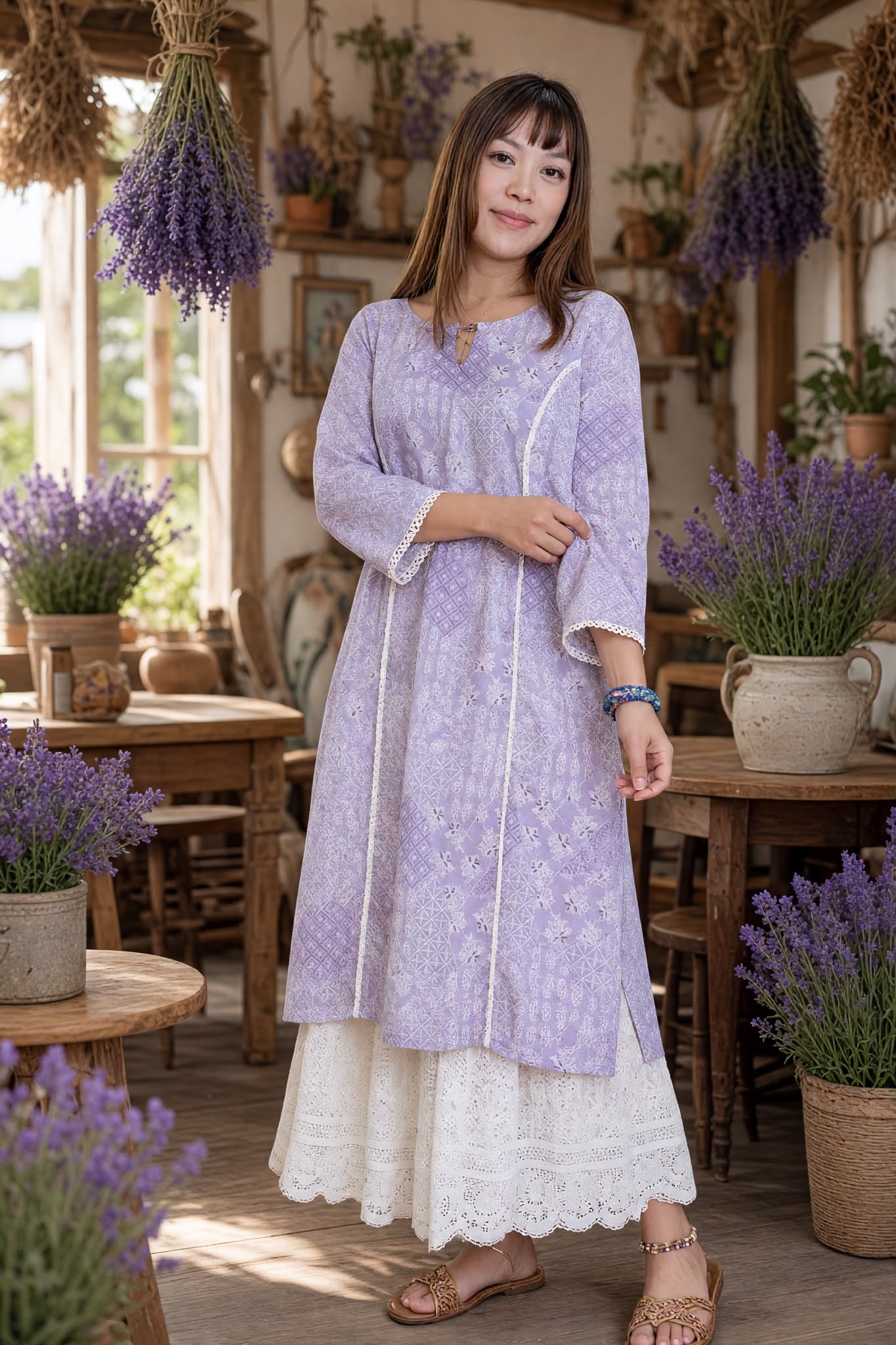 3576 Taro Cotton With white Lace Kurta