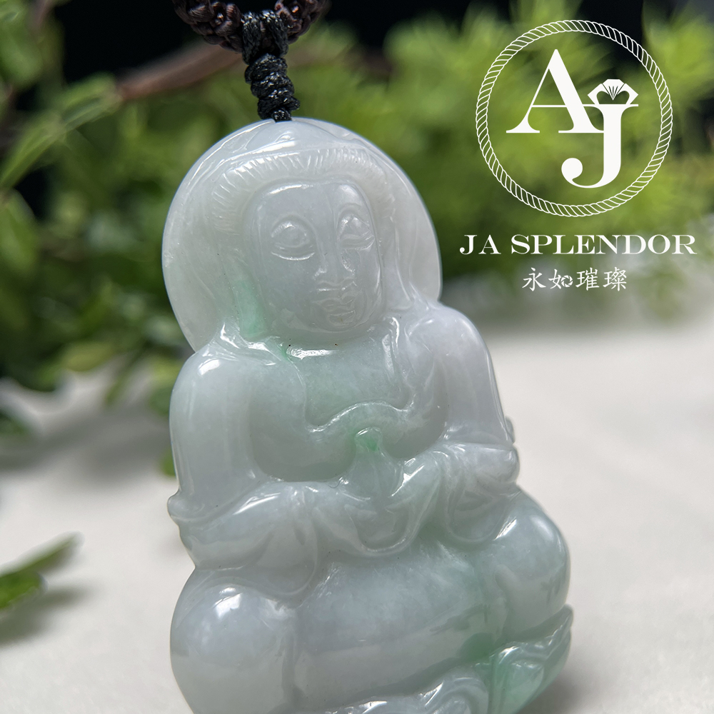 JN-908 天然翡翠A玉 白底青觀音吊墜