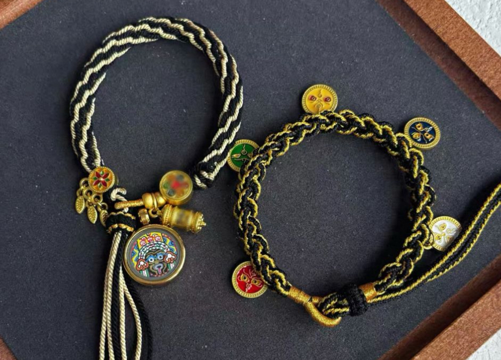 西藏純手繪扎基拉姆唐卡五路財神手工編織本命年招財轉運手繩套裝