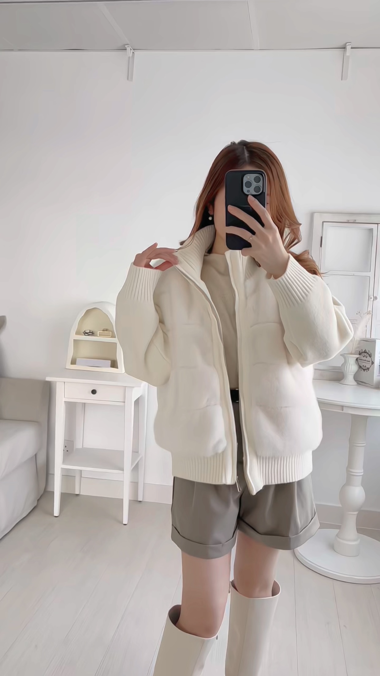 假兩件毛茸茸拼袖外套(KR)白色313195