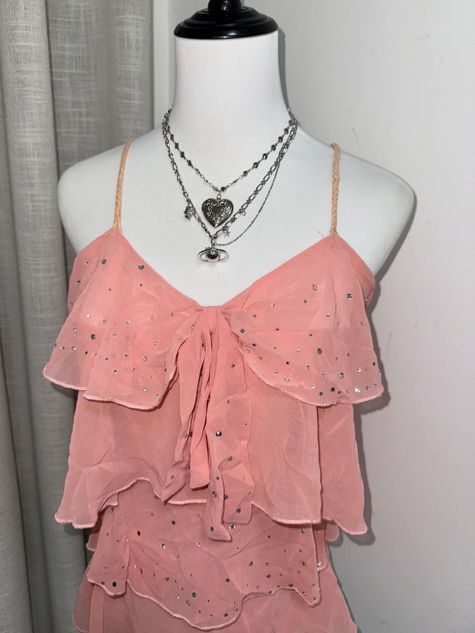 Pink Tiered Chiffon Cami Top with Rhinestone Accents and Thin Straps
